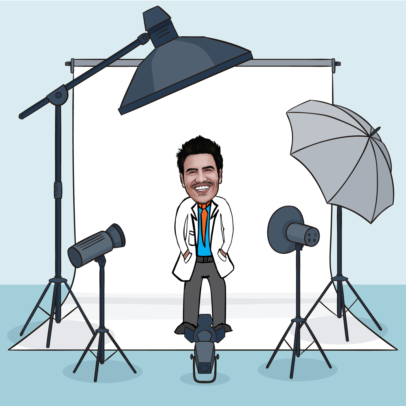 Cartoon Drawing of Mister C under studio lights.